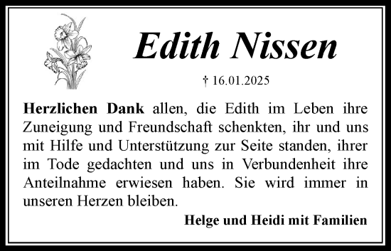 Traueranzeige von Edith Nissen von Flensburger Tageblatt