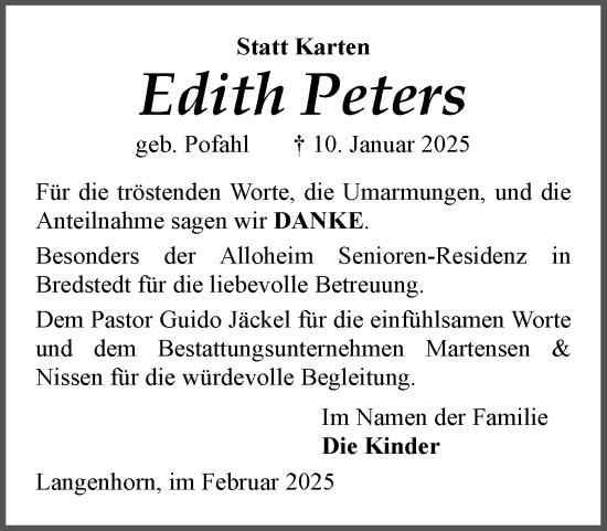 Traueranzeige von Edith Peters von Husumer Nachrichten, Nordfriesland Tageblatt