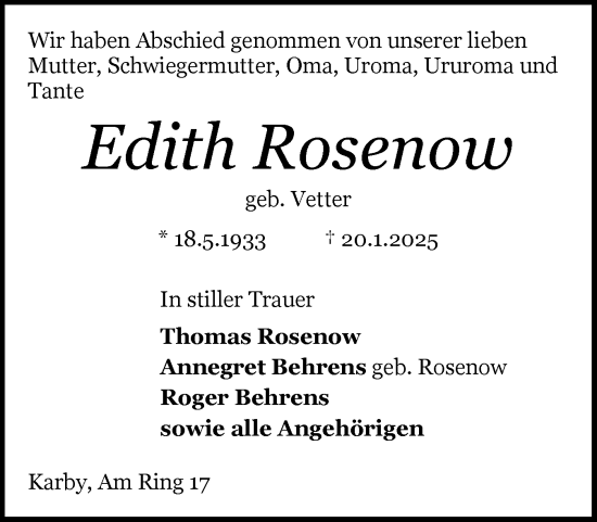 Traueranzeige von Edith Rosenow von Schleswiger Nachrichten, Schlei-Bote