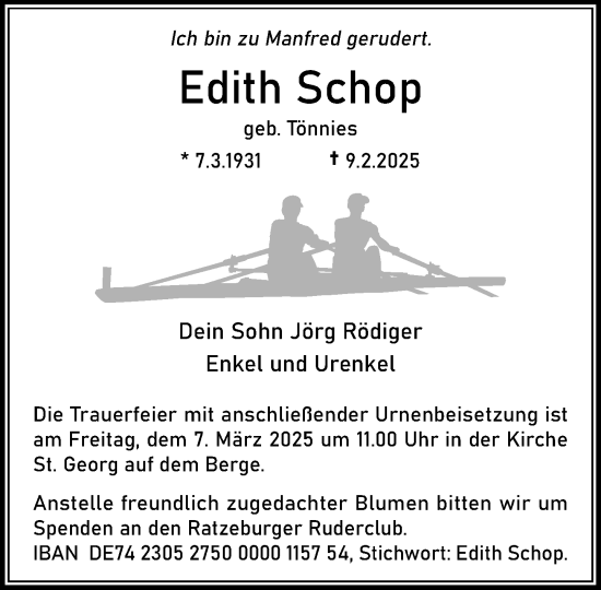 Traueranzeige von Edith Schop von MARKT Ratzeburg/Mölln