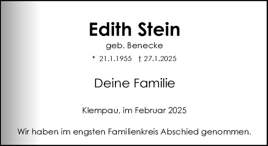 Traueranzeige von Edith Stein von MARKT Ratzeburg/Mölln