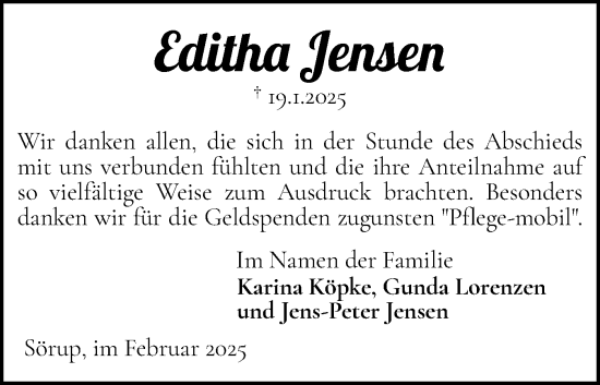 Traueranzeige von Editha Jensen von Flensburger Tageblatt