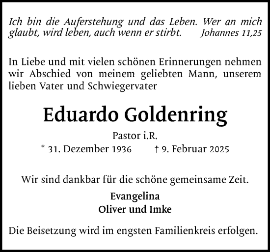 Traueranzeige von Eduardo Goldenring von Region Pinneberg und tip Pinneberg