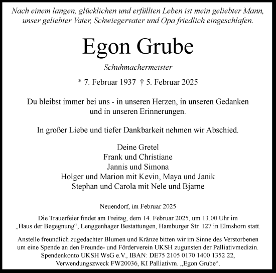 Traueranzeige von Egon Grube von Elmshorner Nachrichten, Barmstedter Zeitung