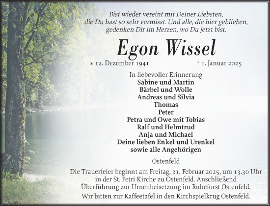 Traueranzeige von Egon Wissel von Husumer Nachrichten, Nordfriesland Tageblatt