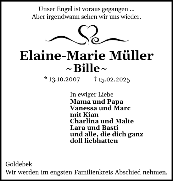 Traueranzeige von Elaine-Marie Müller von Husumer Nachrichten, Nordfriesland Tageblatt