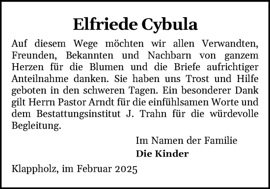 Traueranzeige von Elfriede Cybula von Schleswiger Nachrichten, Schlei-Bote