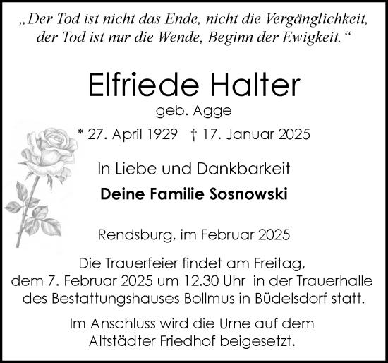 Traueranzeige von Elfriede Halter von Schleswig-Holsteinische Landeszeitung