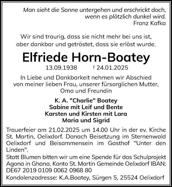 Traueranzeige von Elfriede Horn-Boatey von Norddeutsche Rundschau, Wilstersche Zeitung, Glückstädter Fortuna