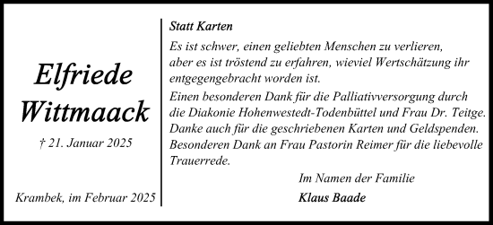 Traueranzeige von Elfriede Wittmaack von Schleswig-Holsteinische Landeszeitung