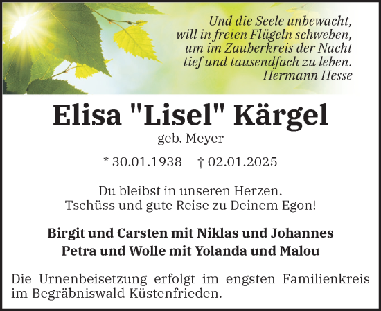 Traueranzeige von Elisa  Kärgel von Eckernförder Zeitung, Hallo Eckernförde