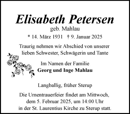 Traueranzeige von Elisabeth Petersen von Flensburger Tageblatt