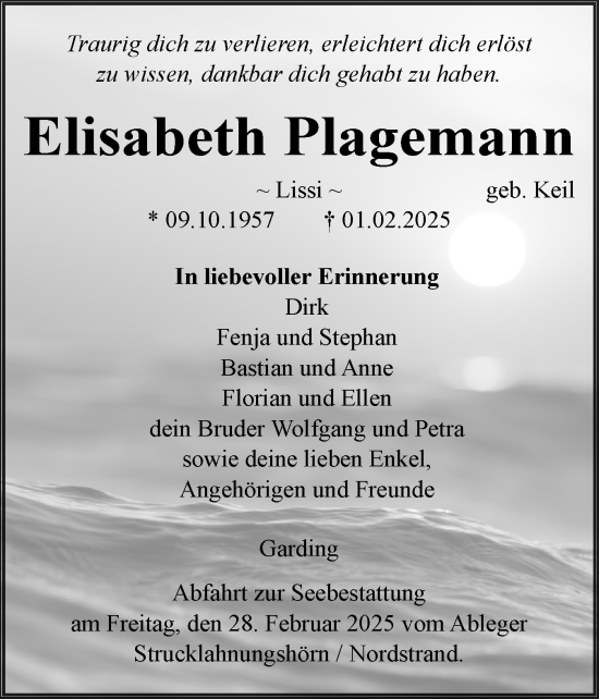 Traueranzeige von Elisabeth Plagemann von Husumer Nachrichten, Nordfriesland Tageblatt