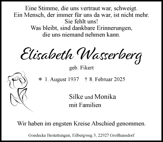 Traueranzeige von Elisabeth Wasserberg von MARKT Ahrensburg/Bargteheide/Trittau und Stormarner Tageblatt