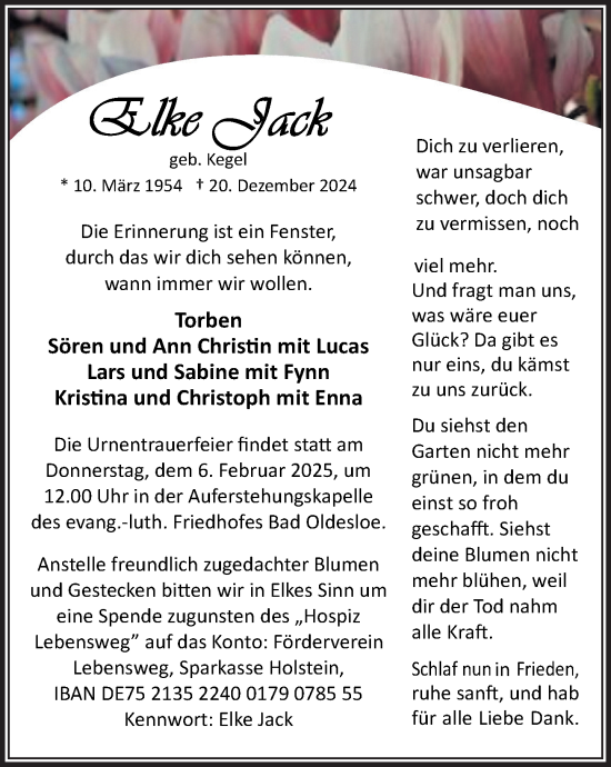 Traueranzeige von Elke Jack von MARKT Bad Oldesloe/Reinfeld und Stormarner Tageblatt