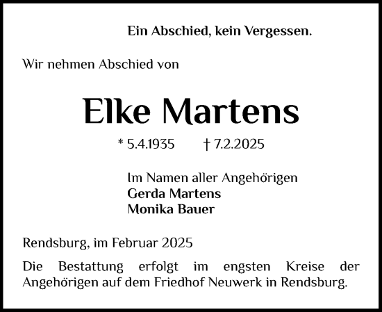 Traueranzeige von Elke Martens von Schleswig-Holsteinische Landeszeitung