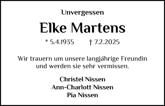 Traueranzeige von Elke Martens von Schleswig-Holsteinische Landeszeitung
