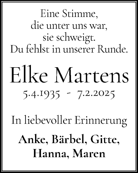 Traueranzeige von Elke Martens von Schleswig-Holsteinische Landeszeitung