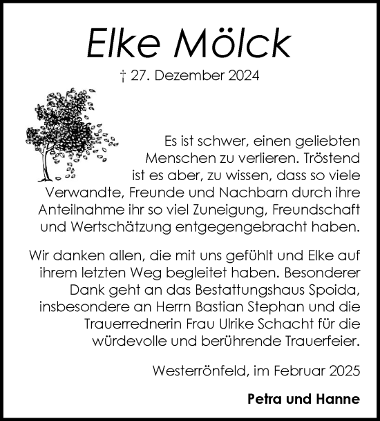 Traueranzeige von Elke Mölck von Schleswig-Holsteinische Landeszeitung