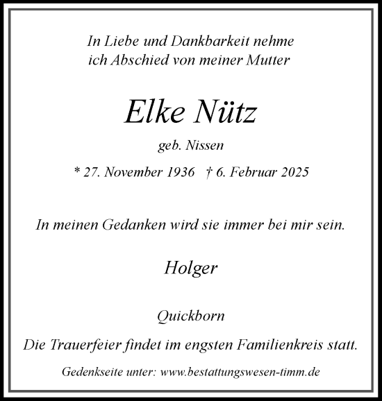 Traueranzeige von Elke Nütz von Region Pinneberg und tip Pinneberg