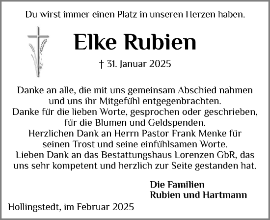 Traueranzeige von Elke Rubien von Schleswiger Nachrichten, Schlei-Bote