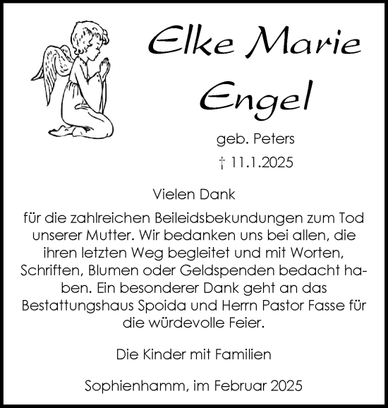 Traueranzeige von Elke Marie Engel von Schleswig-Holsteinische Landeszeitung