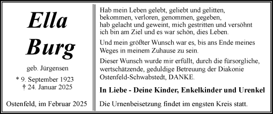 Traueranzeige von Ella Burg von Husumer Nachrichten, Nordfriesland Tageblatt