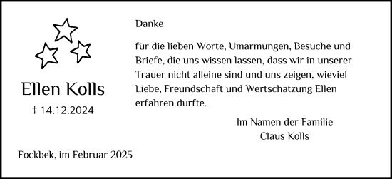 Traueranzeige von Ellen Kolls von Schleswig-Holsteinische Landeszeitung
