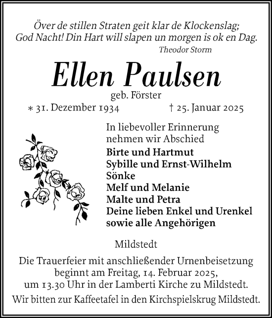 Traueranzeige von Ellen Paulsen von Husumer Nachrichten, Nordfriesland Tageblatt