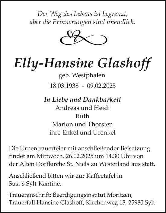 Traueranzeige von Elly-Hansine Glashoff von Sylter Rundschau
