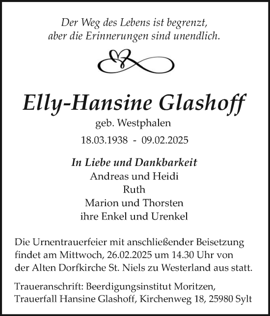 Traueranzeige von Elly-Hansine Glashoff von Die WochenSchau Gesamtausgabe