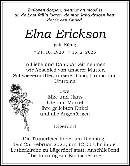 Traueranzeige von Elna Erickson von Norddeutsche Rundschau, Wilstersche Zeitung, Glückstädter Fortuna