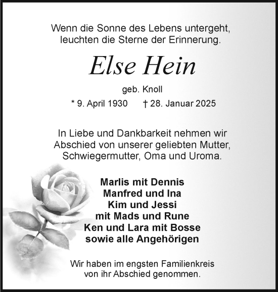 Traueranzeige von Else Hein von Schleswig-Holsteinische Landeszeitung