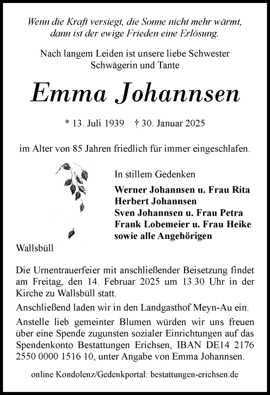 Traueranzeige von Emma Johannsen von Flensburger Tageblatt