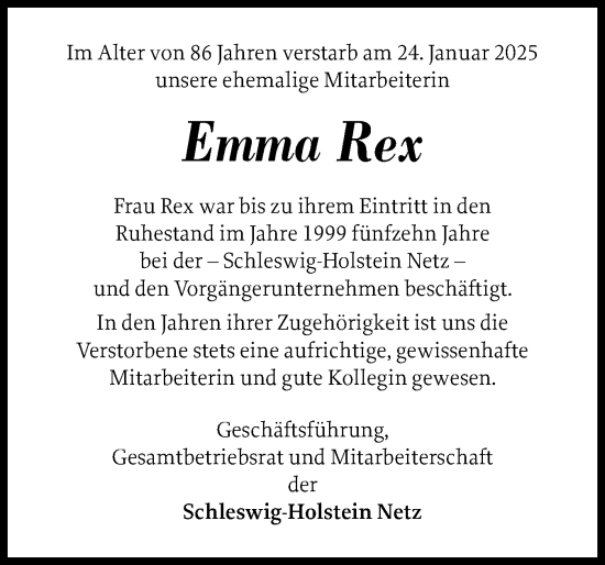 Traueranzeige von Emma Rex von Elmshorner Nachrichten, Barmstedter Zeitung