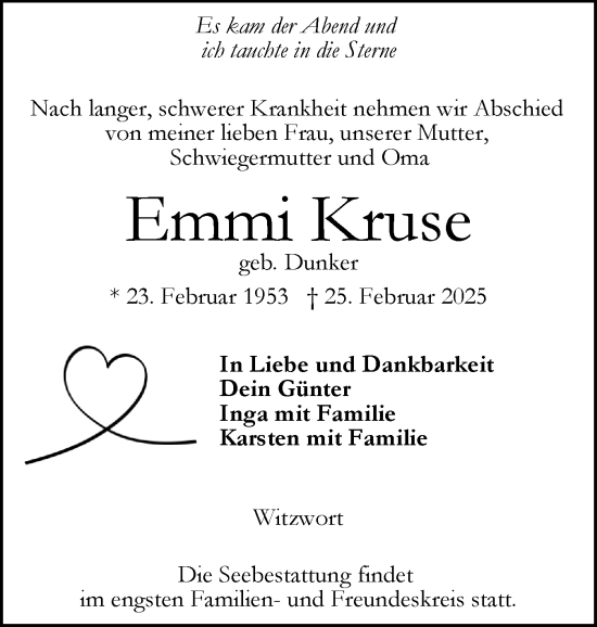 Traueranzeige von Emmi Kruse von Husumer Nachrichten, Nordfriesland Tageblatt