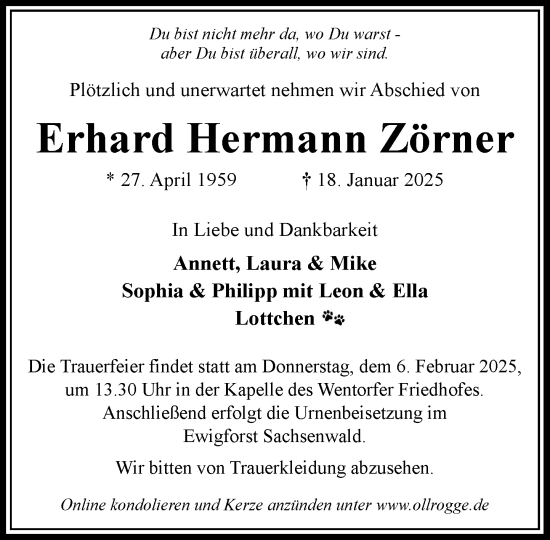 Traueranzeige von Erhard Hermann Zörner von Wochenend Anzeiger