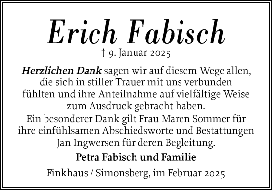 Traueranzeige von Erich Fabisch von Husumer Nachrichten, Nordfriesland Tageblatt