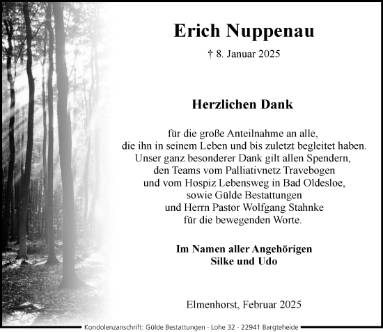 Traueranzeige von Erich Nuppenau von MARKT Ahrensburg/Bargteheide/Trittau und Stormarner Tageblatt