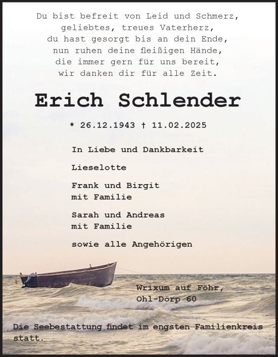 Traueranzeige von Erich Schlender von Der Insel-Bote