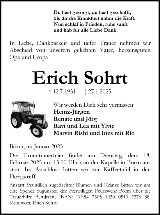Traueranzeige von Erich Sohrt von Schleswig-Holsteinische Landeszeitung