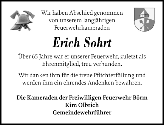 Traueranzeige von Erich Sohrt von Schleswiger Nachrichten, Schlei-Bote