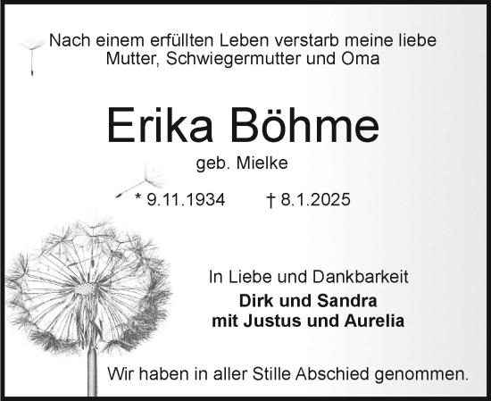 Traueranzeige von Erika Böhme von Holsteinischer Courier