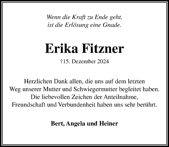 Traueranzeige von Erika Fitzner von MARKT Glinde/Reinfeld