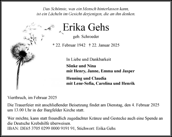 Traueranzeige von Erika Gehs von MARKT Ahrensburg/Bargteheide/Trittau und Stormarner Tageblatt