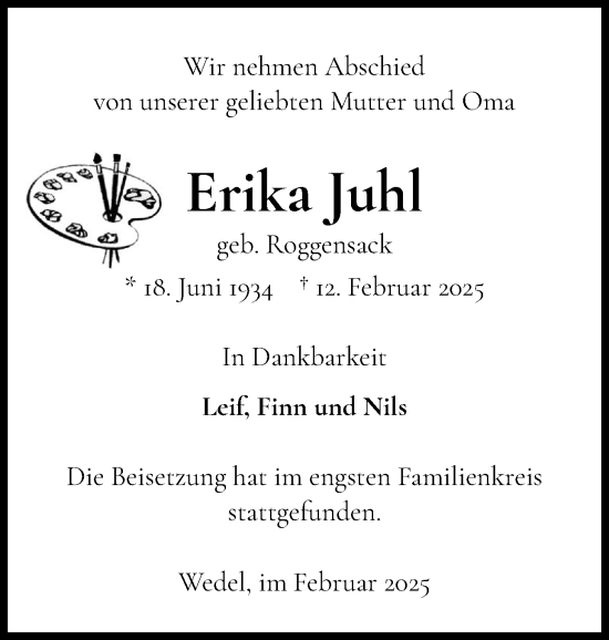 Traueranzeige von Erika Juhl von Wedel-Schulauer Tageblatt, tip Wedel-Schulauer Tageblatt, tip Rissener Rundschau