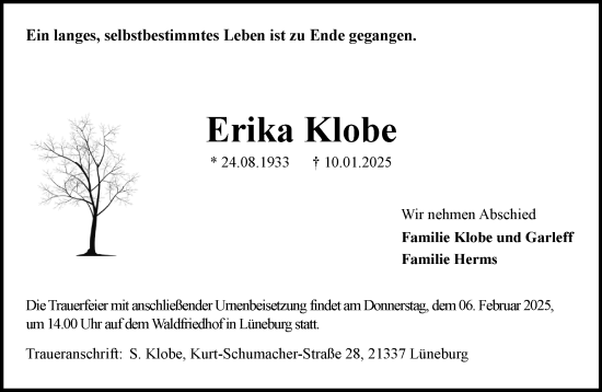 Traueranzeige von Erika Klobe von Wochenend Anzeiger