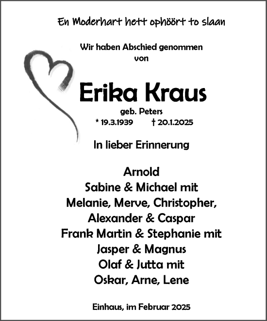 Traueranzeige von Erika Kraus von MARKT Ratzeburg/Mölln