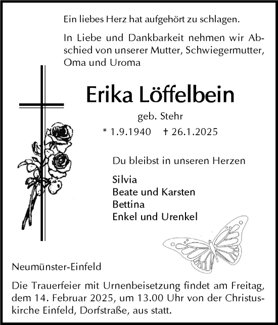Traueranzeige von Erika Löffelbein von Holsteinischer Courier