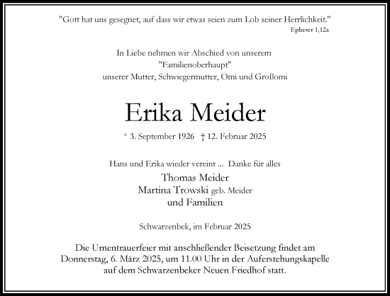 Traueranzeige von Erika Meider von Wochenend Anzeiger